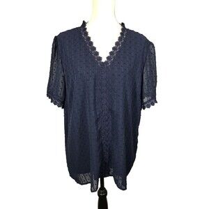 Navy Swiss Dot Lace Trim Short Sleeve Top Blouse Lined 2XL Business Coquette